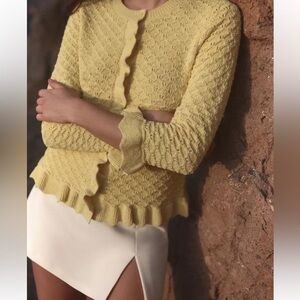 ZARA Butter Yellow Ruffle Detail Cardigan Sweater sz Large